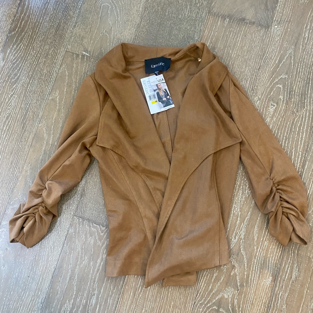 NWT Karen Kane Suede Draped Ruched Brown Tan Cognac Leather Blazer Jacket Wrap M